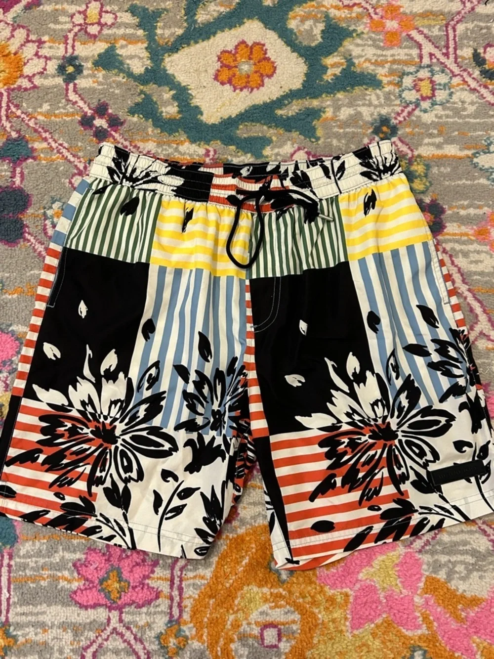 Burberry Floral Plaid Patchwork Printed Multicolor Stripe Swim Trunk Size Medium